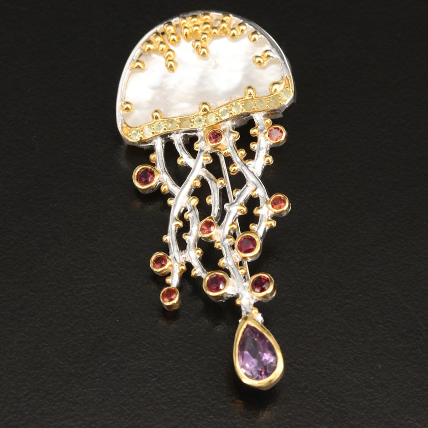 Sterling Jellyfish Brooch with Mother-of-Pearl, Amethyst and Garnet