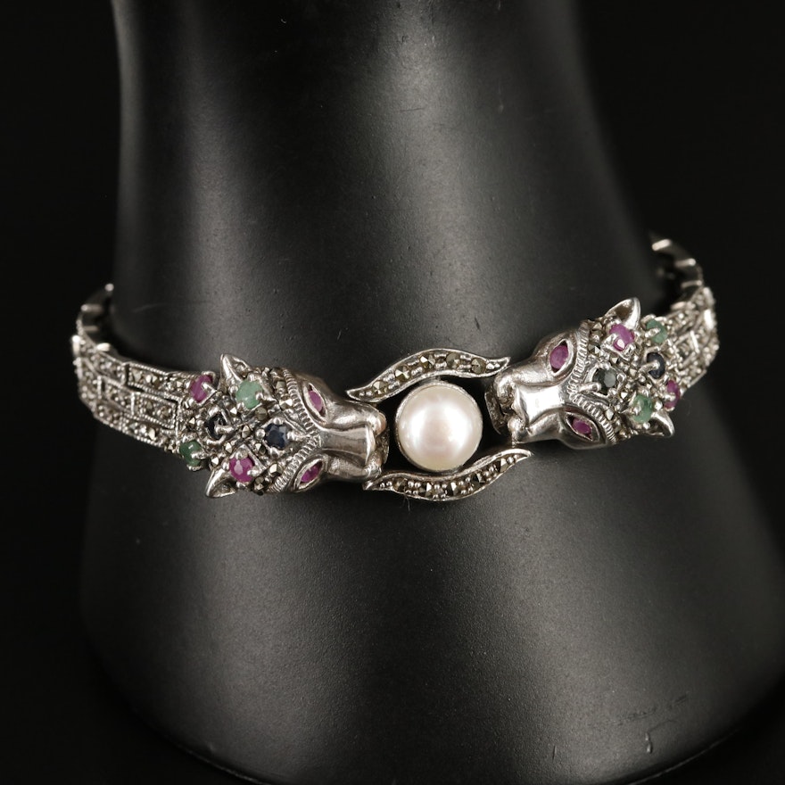 Sterling Double Dragon Bracelet Including Pearl, Ruby and Emerald