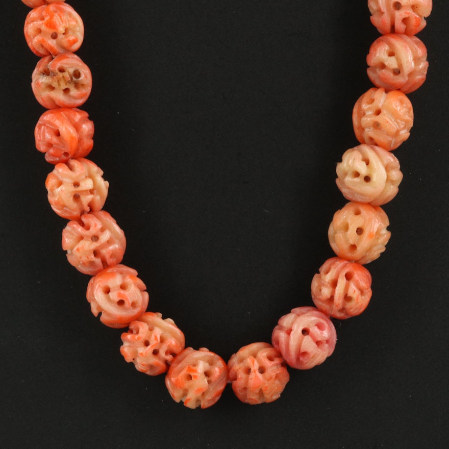 Antique Rope Length Carved Imitation Coral Bead Necklace