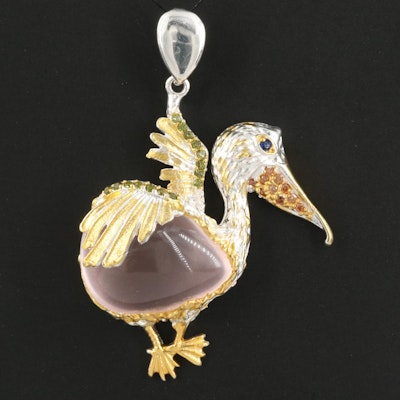 Sterling Rose Quartz and Cubic Zirconia Pelican Bird Pendant