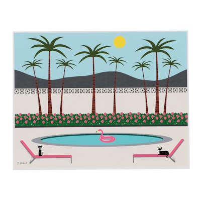 Donna Mibus Giclée "Mid Century Cats by Palm Springs Pool"