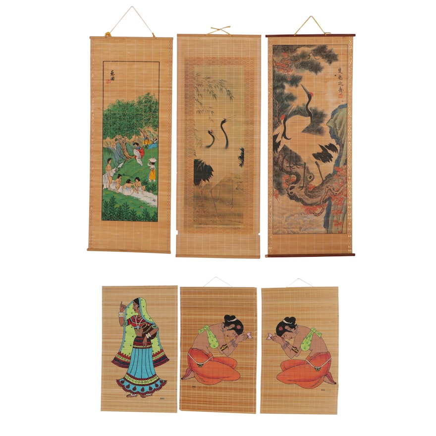 Asian Acrylic Paintings and Offset Lithographs on Reed Scrolls
