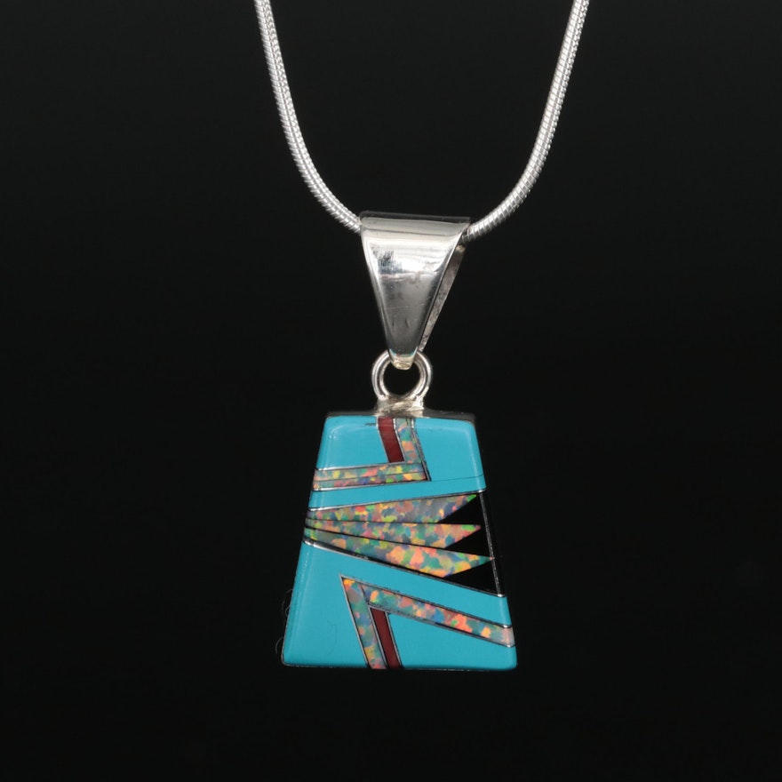 Southwestern Sterling Opal and Imitation Turquoise Inlay Pendant Necklace