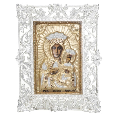 Russian Glitter Embellished Madonna and Child Framed Icon Wall Hanging