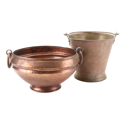 Hammered Copper Cache Pot with Other Brass Bucket