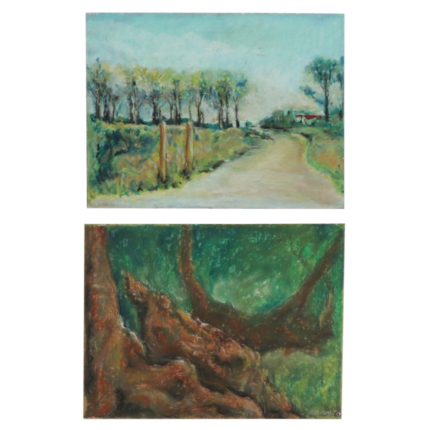 Chien Ming Su Landscape Pastel Drawings, Late 20th Century
