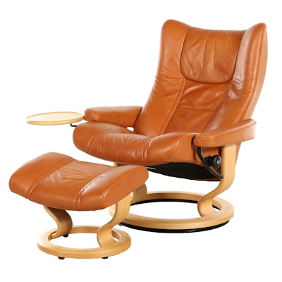 Ekornes "Stressless" Leather Upholstered Recliner and Ottoman