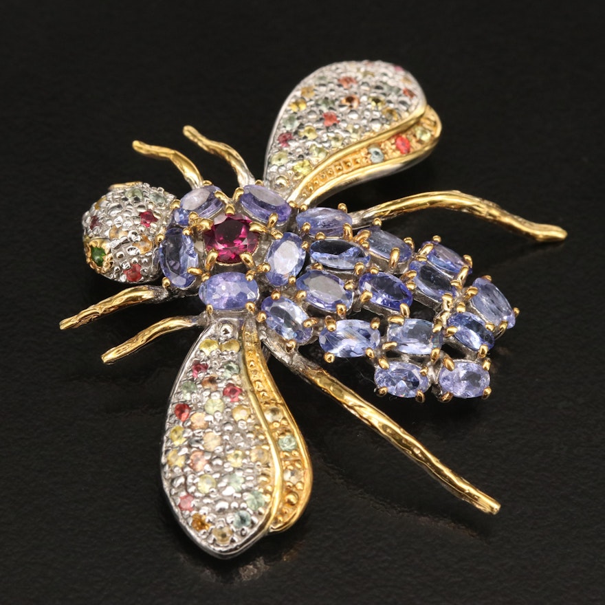 Sterling Flying Insect Brooch with Tanzanite, Garnet and Sapphire