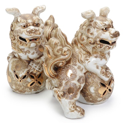 Chinese Gilt Accented Porcelain Guardian Lions