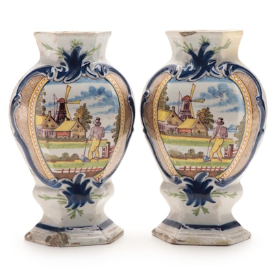 Pair of De Klaauw Delft Tin-Glazed Earthenware Vases, Late 18th to Early 19th C.