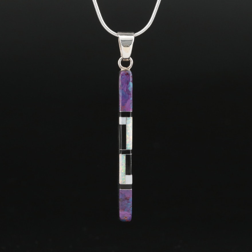 Southwestern Opal and Mother-of-Pearl Reversible Inlay Bar Pendant Necklace