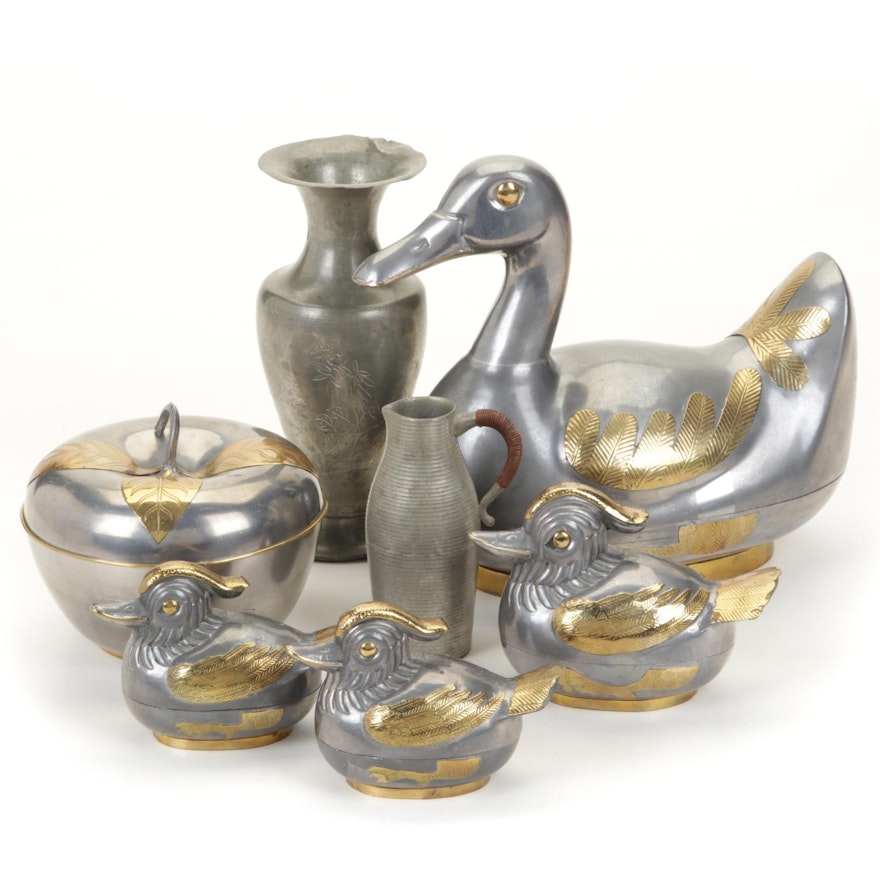 Chinese Pewter and Brass Duck Shaped Decorative Boxes and Vases