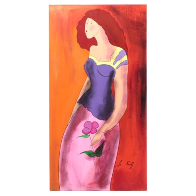Linda Le Kinff Oil Painting of Figure With Flower, Late 20th Century