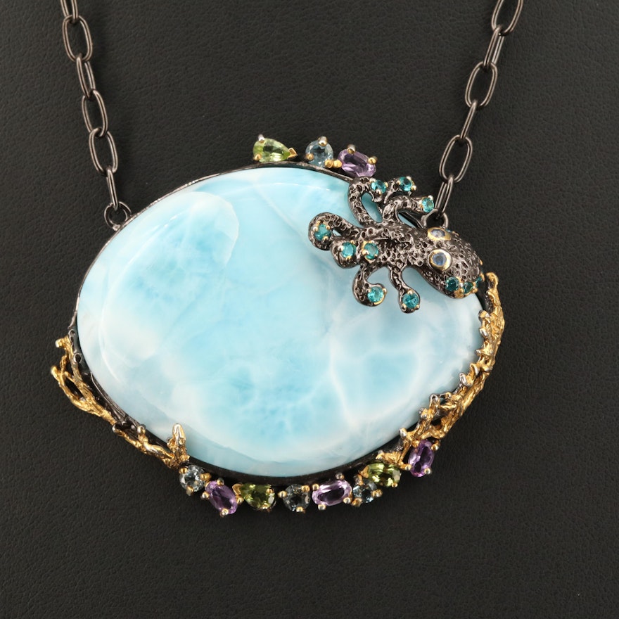 Sterling Larimar, Apatite and Peridot Octopus Pendant Necklace