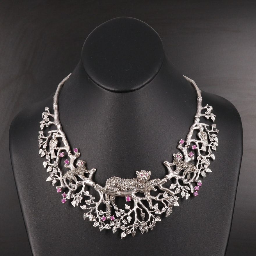 Sterling Ruby and Marcasite Wildlife Bib Necklace