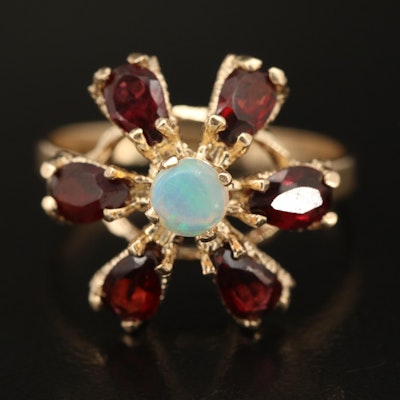 14K Opal and Garnet Flower Ring