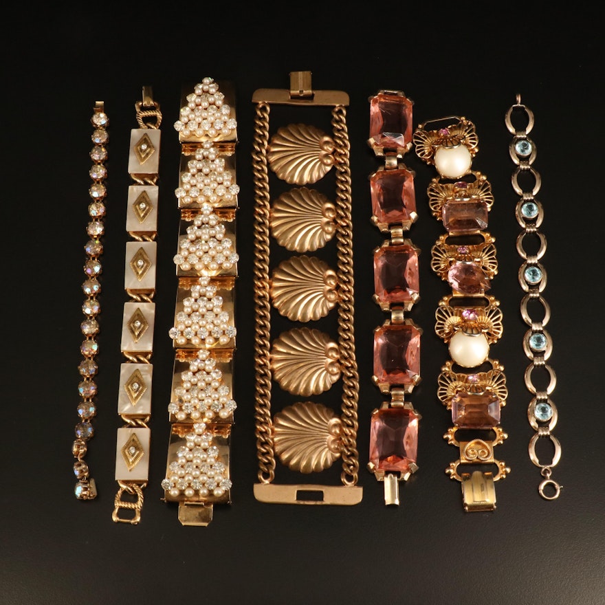 Bracelet Selection Including Imitation Pearl and Vintage Rhinestone Bracelet