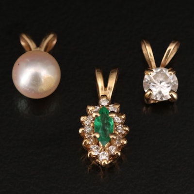 14K Emerald with Diamond, Pearl and Cubic Zirconia Pendants