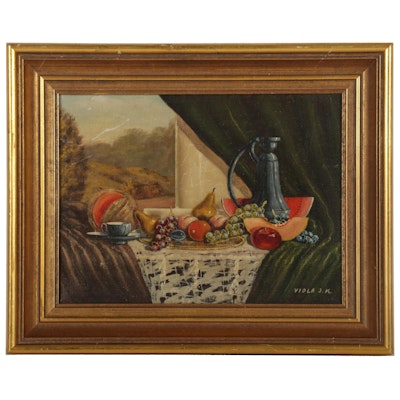 Viola J. K. Still Life Oil Painting of Fruit and Jug, Mid-Late 20th Century