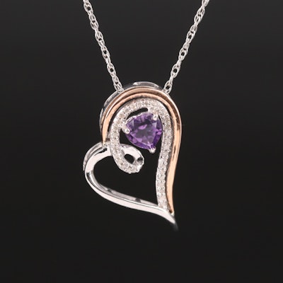 Sterling Silver Amethyst and Diamond Heart Necklace with 10K Accent
