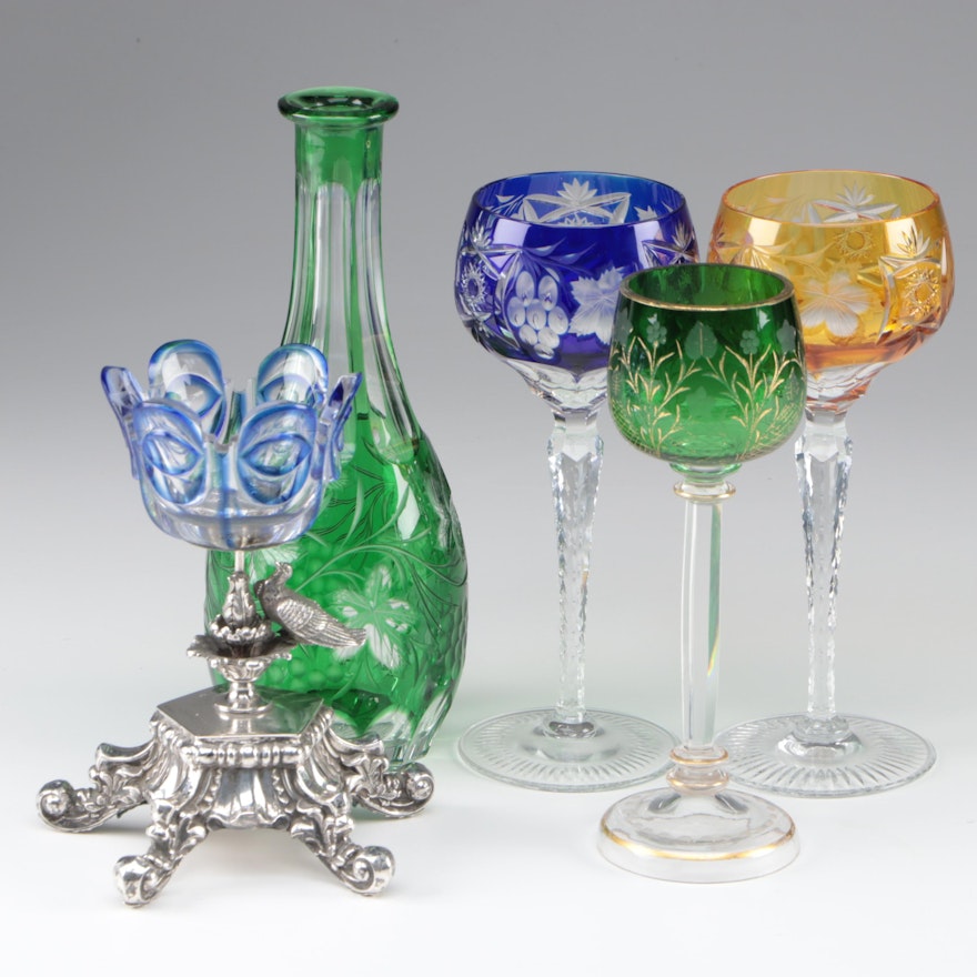Bohemian Cut Glass Goblets, Decanter, and Austrian Silver Mounted Salt Cellar