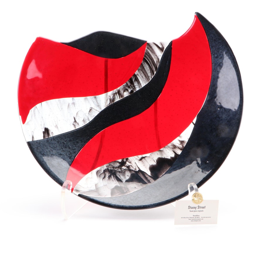 Stacey Street Black and Red Fused and Slumped Abstract Art Glass Charger, 2008