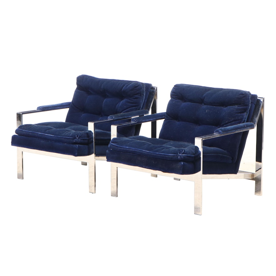 Pair of Modernist Chrome and Buttoned-Down Lounge Chairs, Attr. to Cy Mann