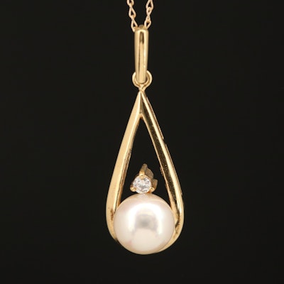 Mikimoto 18K Pearl and Diamond Pendant on 14K Chain Necklace