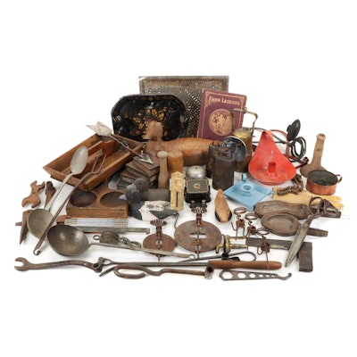 Farm Tools, Decor, Candlesticks, Bell, Mining Lamp, and More