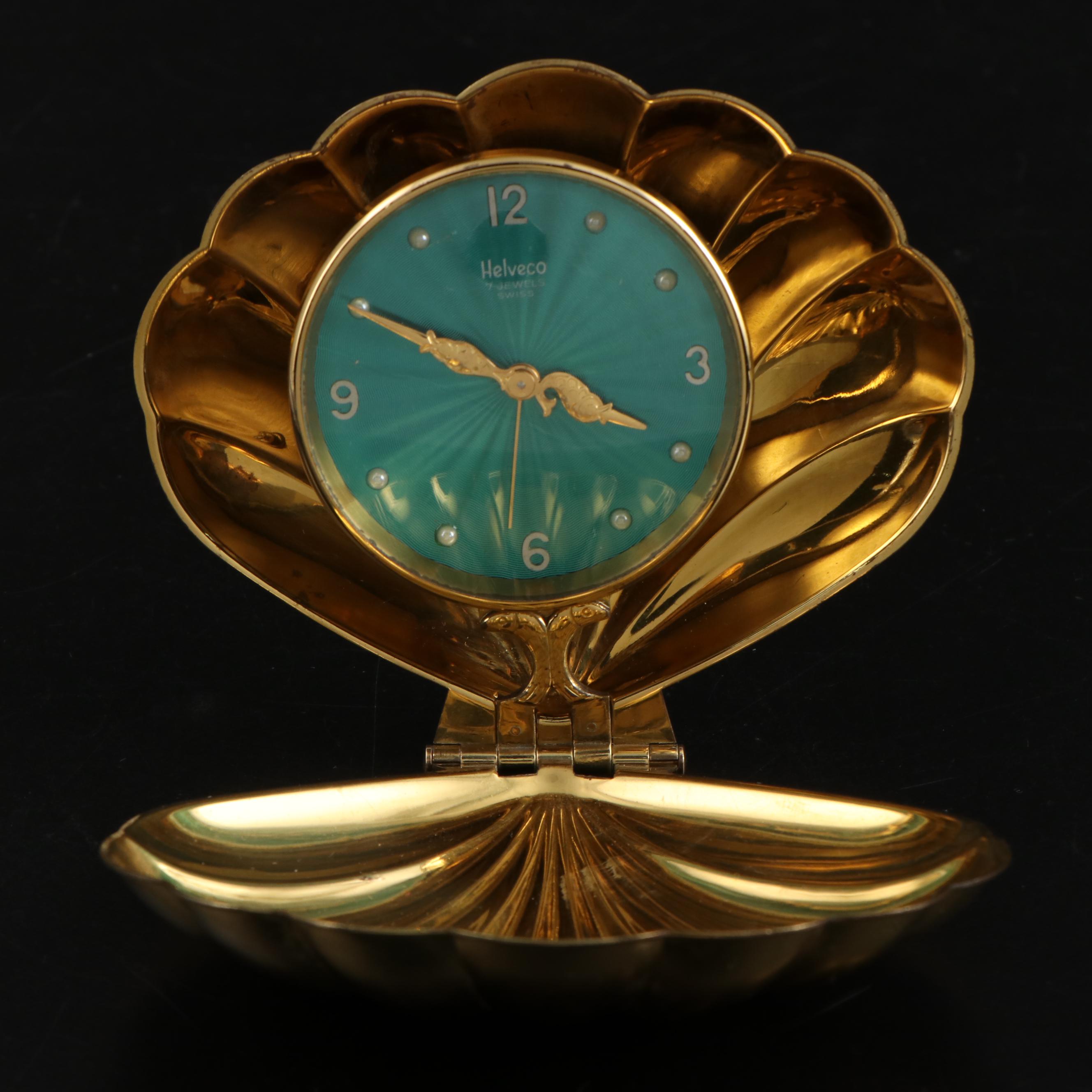 Helveco Guilloche Enamel and Brass Oyster Travel Clock EBTH