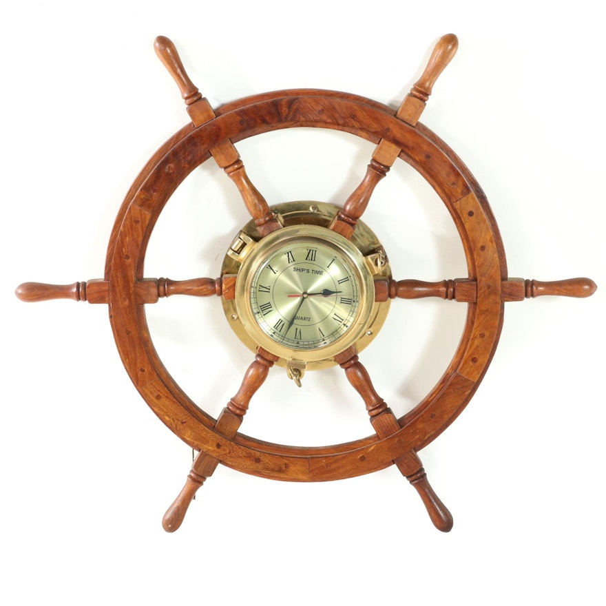 Teak Ship's Wheel Quartz Wall Clock
