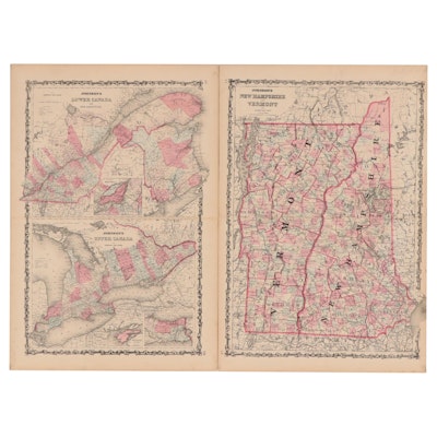 Johnson & Ward Hand-Colored Engraving Maps of Canada and Vermont, 1864