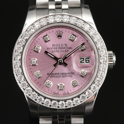Rolex Datejust Factory Diamond Bezel and Custom Diamond Pink Dial Wristwatch