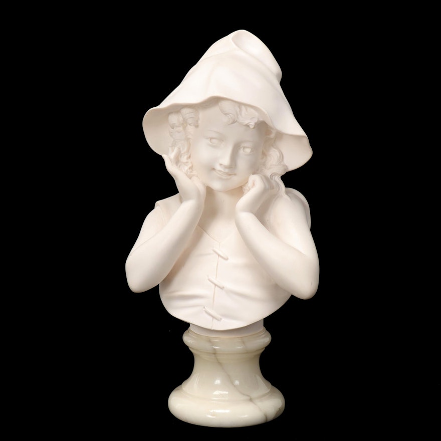 Studio of Giuseppe Bessi Carved Alabaster Bust of Young Girl