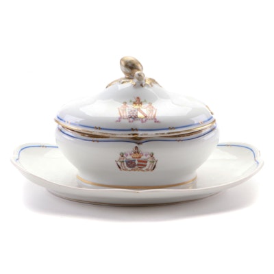 French Old Paris Porcelain Hand-Painted Armorial Sauce Tureen, Mid-19th Century