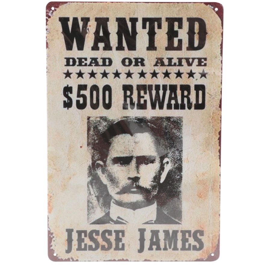 Jesse James Wanted Poster Giclée on Metal Sign