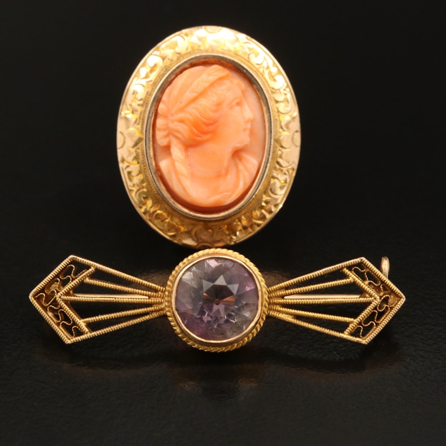 Antique Sansbury & Nellis 14K Brooch and 10K Cameo Brooch with Watch Hook