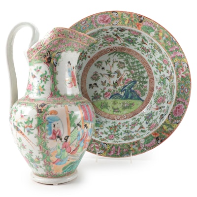 Chinese Export Porcelain Rose Medallion Pitcher with Rose Canton Basin