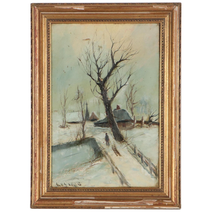 Snowy Winter Landscape Oil Painting, Circa 1900
