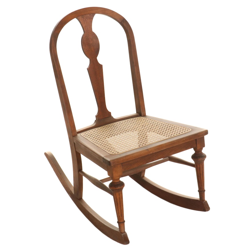 Walnut Rocking Chair with Woven Cane Seat, Mid to Late 20th Century