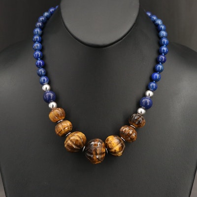 Sterling Tiger's Eye and Lapis Lazuli Graduated Beaded Necklace
