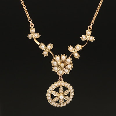 Mid-Victorian 15K Seed Pearl Lavalier Necklace