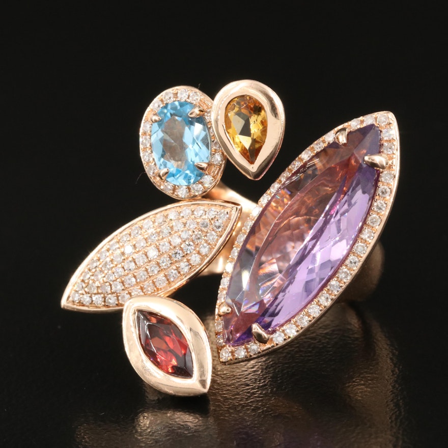 14K Rose Gold Diamond, Amethyst, and Topaz Ring