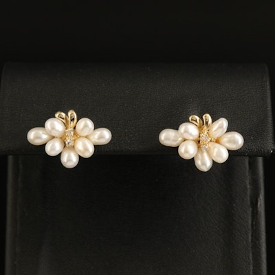 14K Pearl and Diamond Cluster Earrings