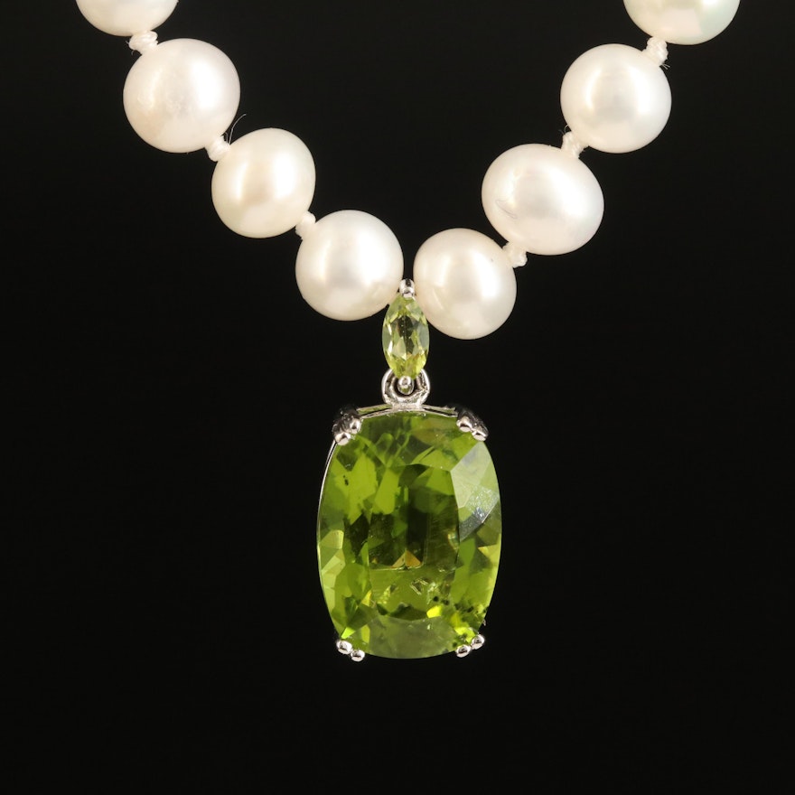 Sterling Pearl and Peridot Drop Necklace