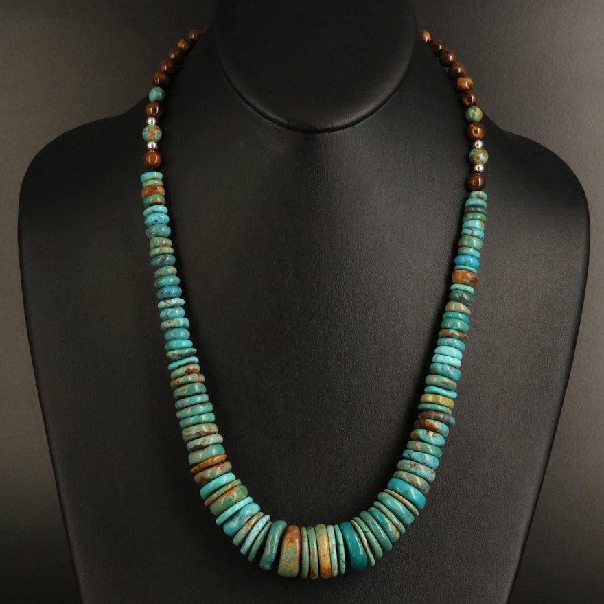 Sterling Turquoise and Tiger's Eye Graduated Heshi Necklace