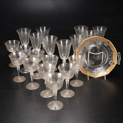 Rock Sharpe "Fernwood" Etched Water Goblets, Champagne Coupes and Bowl