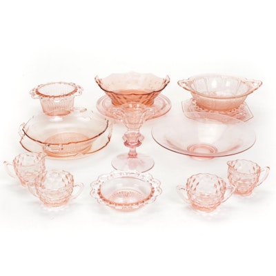 Pink Depression Glass Including "Cube", "Sunflower", "Cherry Blossom", and More