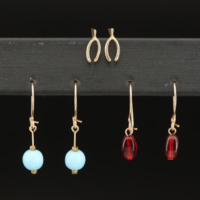 14K Horseshoe Earrings with14K Blue and Red Glass Earrings
