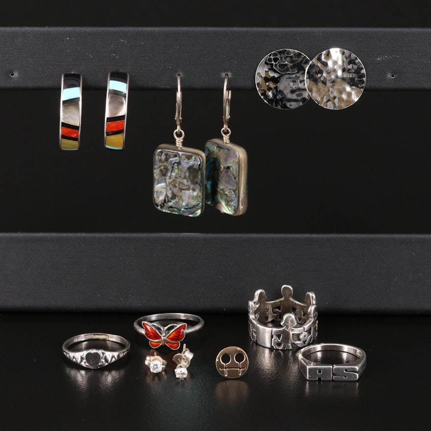 Sterling Gemstone Earring and Rings Including Abalone, Coral and 14K